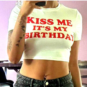 New Large‎ "Kiss Me Its My Birthday" White Red Crop Top Short Sleeve T Shirt